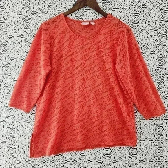 Chico's Texturred Scoop neck 3/4 Sleeve Asymmetrical Top 2/ L - Picture 1 of 7